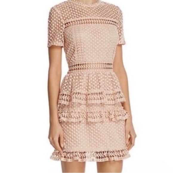 Aqua Dresses & Skirts - Aqua Blush Pink Boho Crochet Lace Dress Short Sleeve Tiered Ruffle Skirt Women S